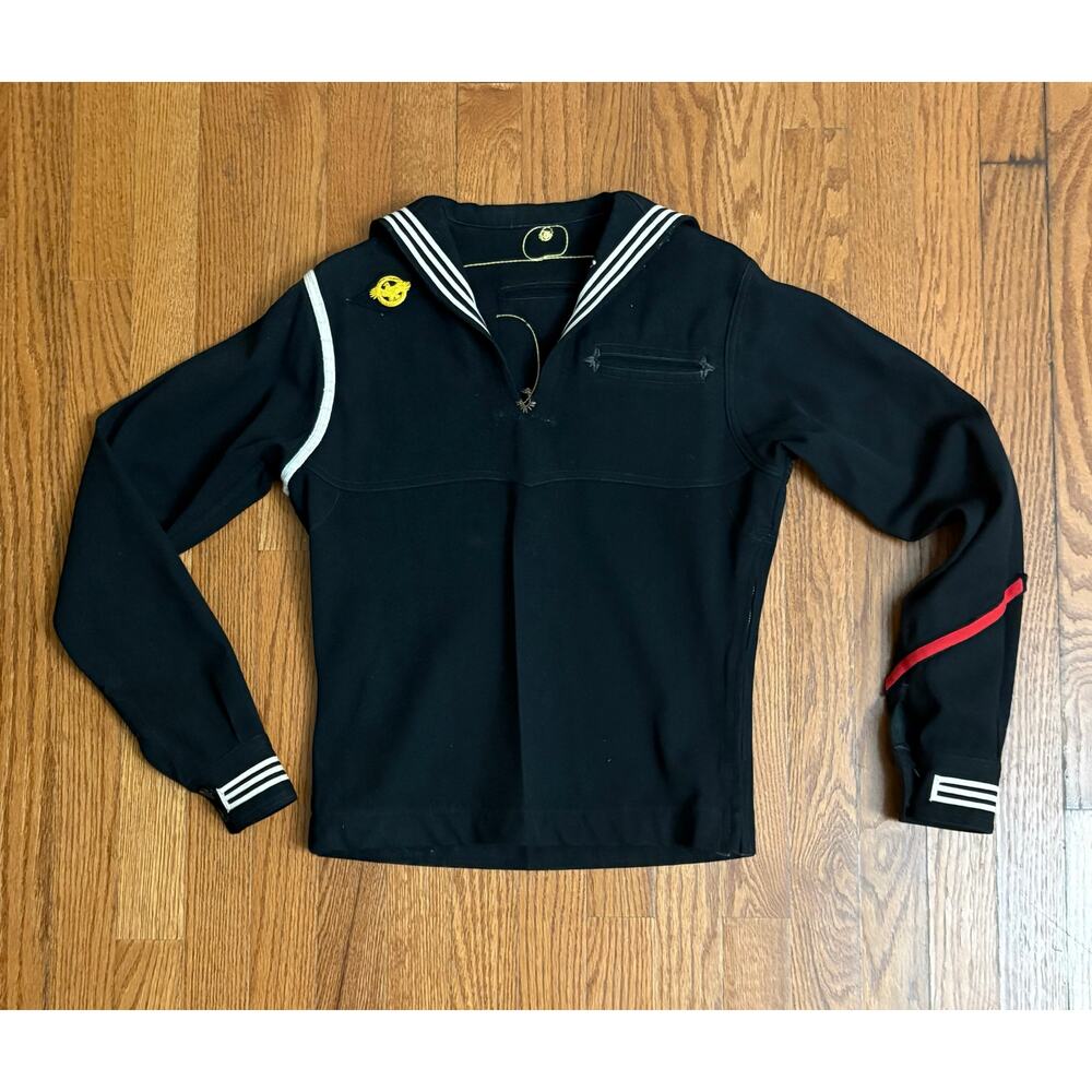 Vintage US Navy Sailor‎ Jumper Black Wool Pullover Uniform Top Red/White Sz ~36